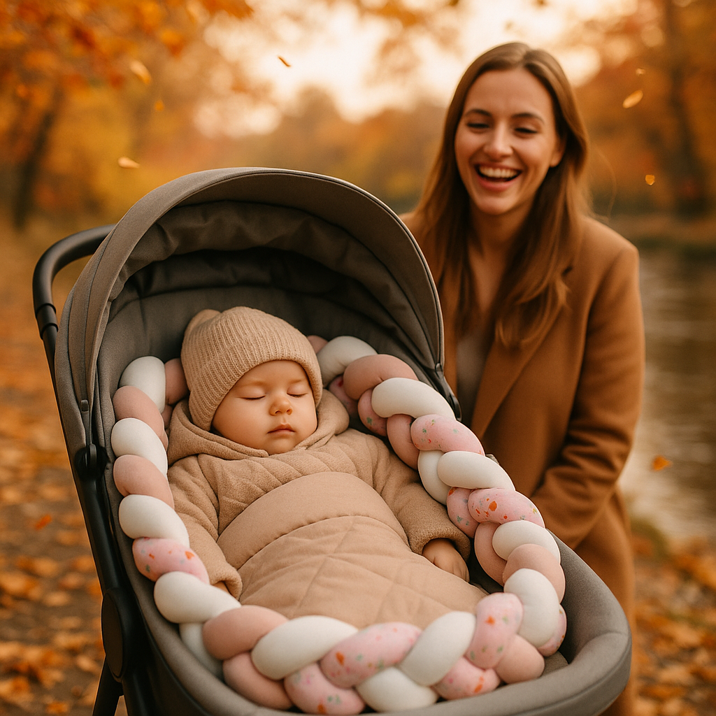 Bébé dans la poussette entourée de tour de lit tresse