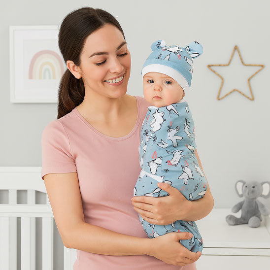 Couverture emmaillotage avec bonnet assorti, bébé stylé et doux.