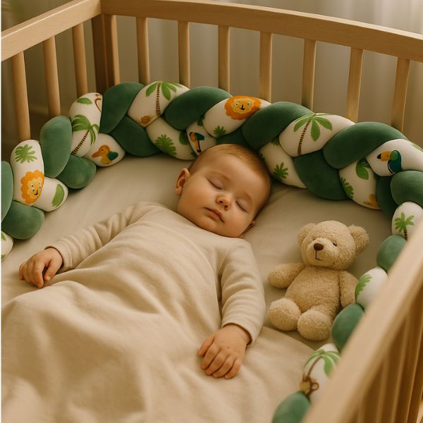 Bébé dort dans le berceau tour de lit tresse au tour