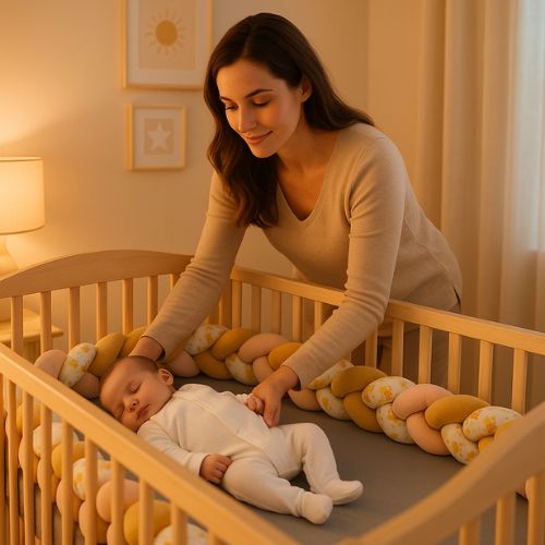 Maman dépose bébé dans son cocon, tour de lit tresse.