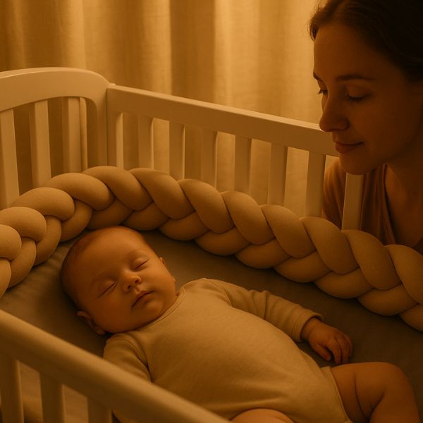 Maman veille, bébé dort paisiblement avec tour de lit tressé.