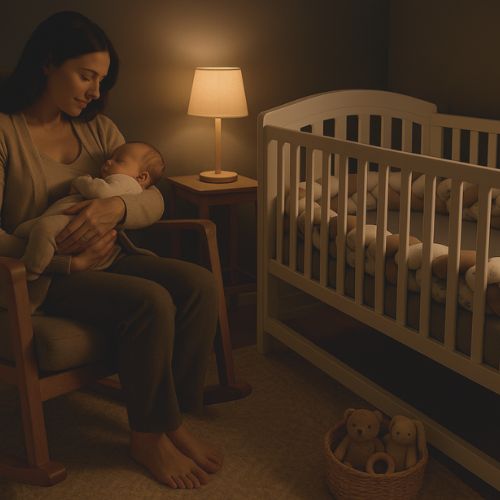 Maman va dépose bébé dans berceau avec tour de lit tresse