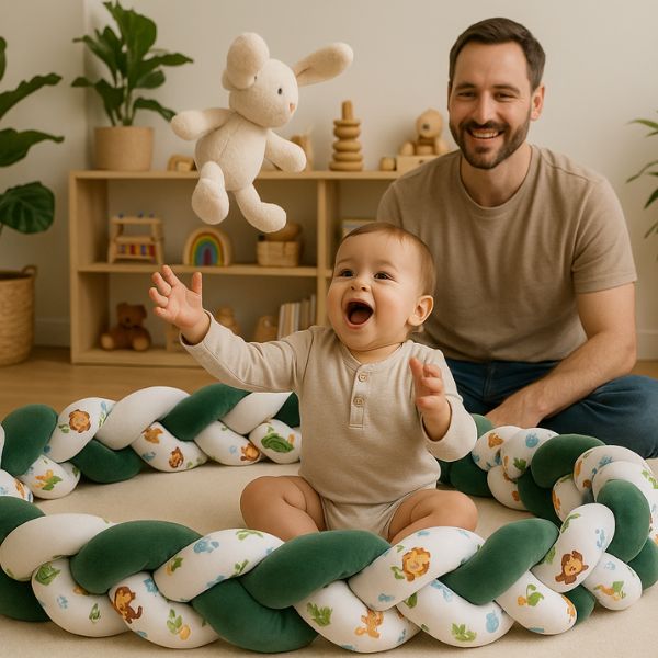 Bébé joue sur tapis entouré du tour de lit tresse