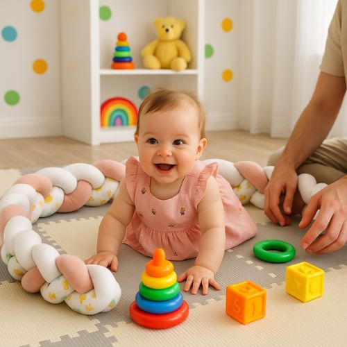 Bébé sur tapis sécurisé avec tour de lit tresse
