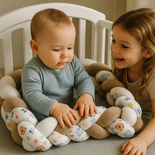 Bébé observe les motifs et touche le tour de lit tresse doux