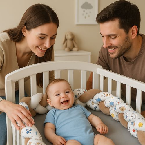 Bébé et parents heureux grâce au tour de lit tresse