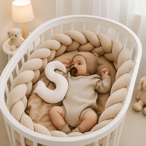 Bébé entouré du tour de lit tressé kaki épanoui