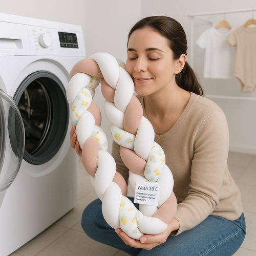 Tour de lit tresse lavable en machine, entretien simple et rapide.