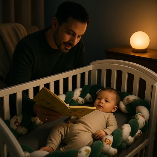 Papa lit une histoire, bébé lové dans le tour de lit tresse