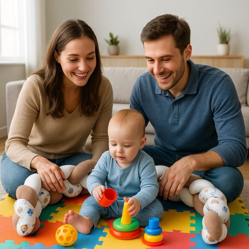 Bébé joue entouré du tour de lit tresse parents à coté