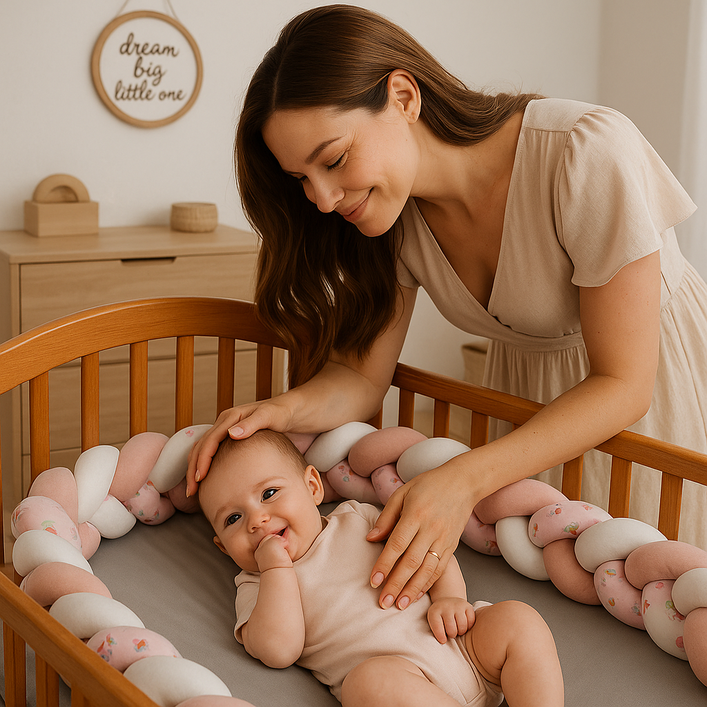 Bébé bien éveille grâce au tour de lit tresse rose
