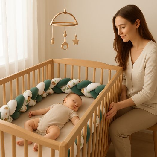 Maman veille tendrement, bébé dort entouré de tour de lit tresse