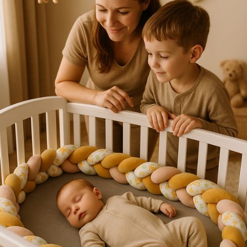 Maman et grand frère admirent bébé dans tour de lit tresse.