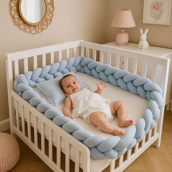 Bébé allongé heureux dans son lit avec tresse de lit sécurisante