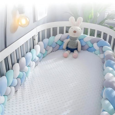 Tresse de lit bebe bleu-vert-gris-blanc quatre nœuds