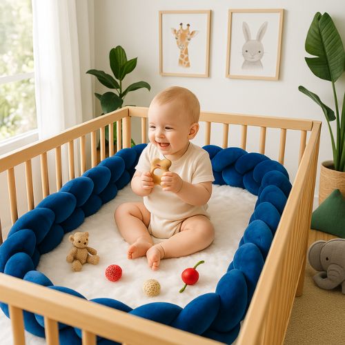 Bébé heureux entouré tresse de lit bébé bleu élégante douce