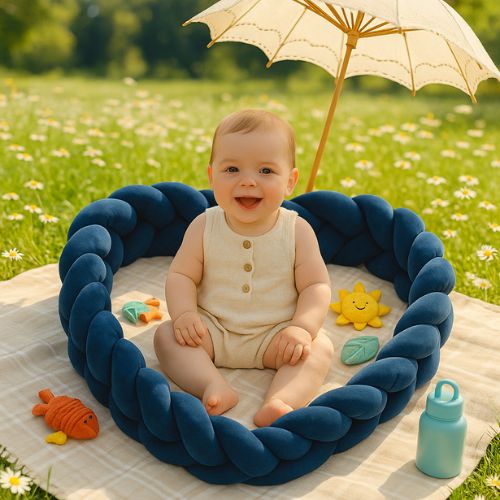 Bébé sur un tapis protégé de tresse de lit bébé