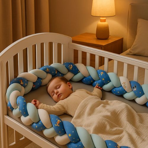 Bébé dort paisiblement entouré de tour de lit tresse bleu 