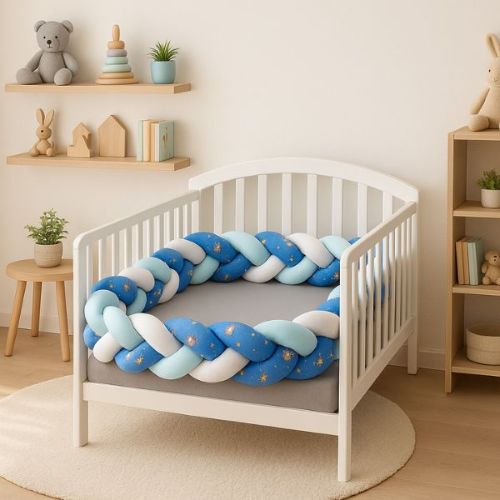 Tour de lit tresse bleu à motifs comme élément décoratif 