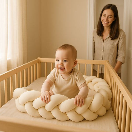 Bébé heureux touche délicatement le tour de lit tressé