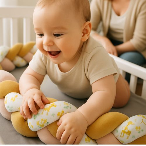Bébé fixe regard sur les motifs du tour de lit tresse