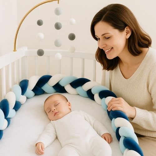 Maman regarde tendrement bébé dormant protégé par tresse de lit bébé 