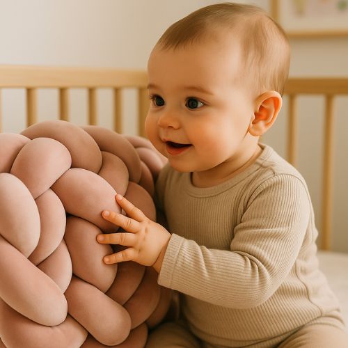 Bébé touche avec douceur la tresse de lit bebe  