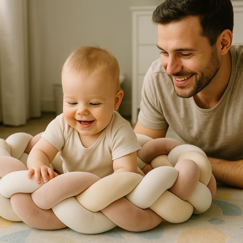 Tresse de lit bebe dégradé utilisée sur un tapis de jeux
