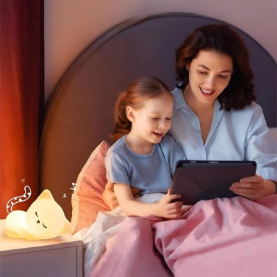 Maman et sa fille regardent la tablette, la veilleuse bébé à côté